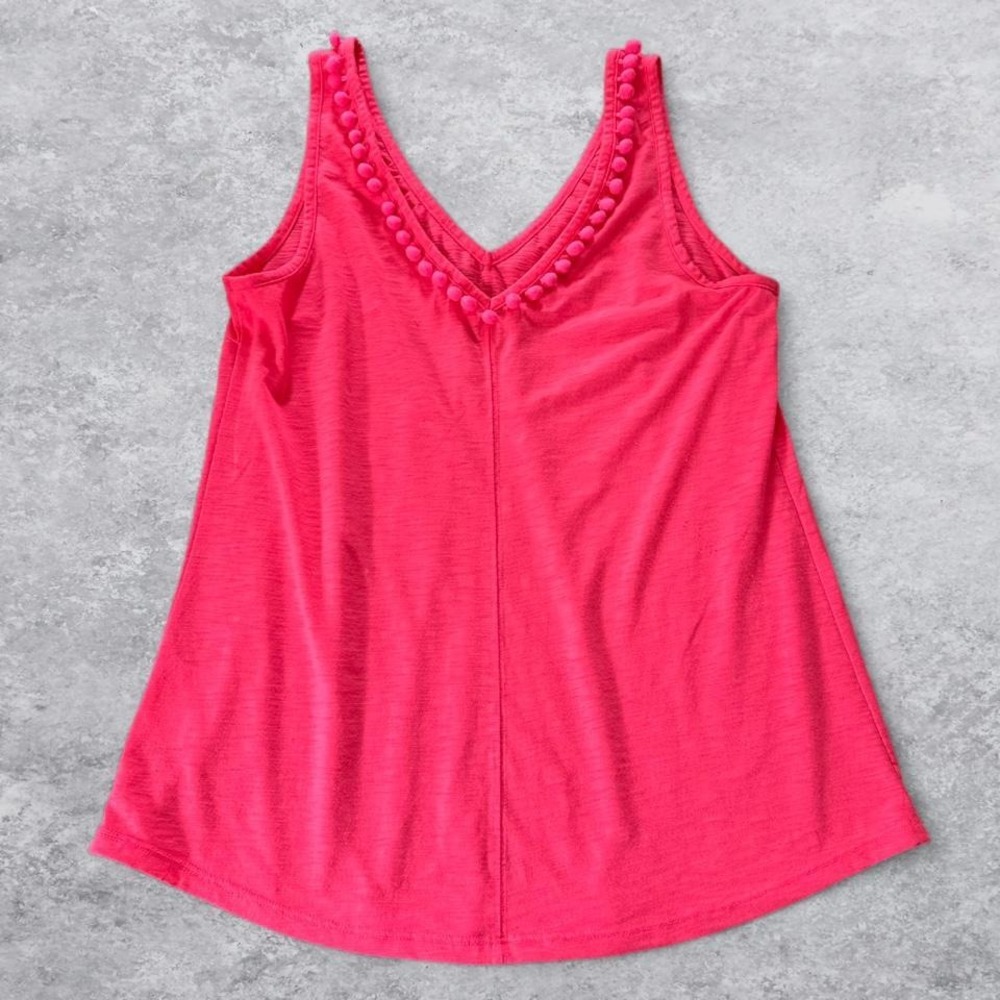 Lilly Pulitzer Pink Pom Pom Trim V-Neck Knit Tank Top Sleeveless Shirt - Picture 6 of 6